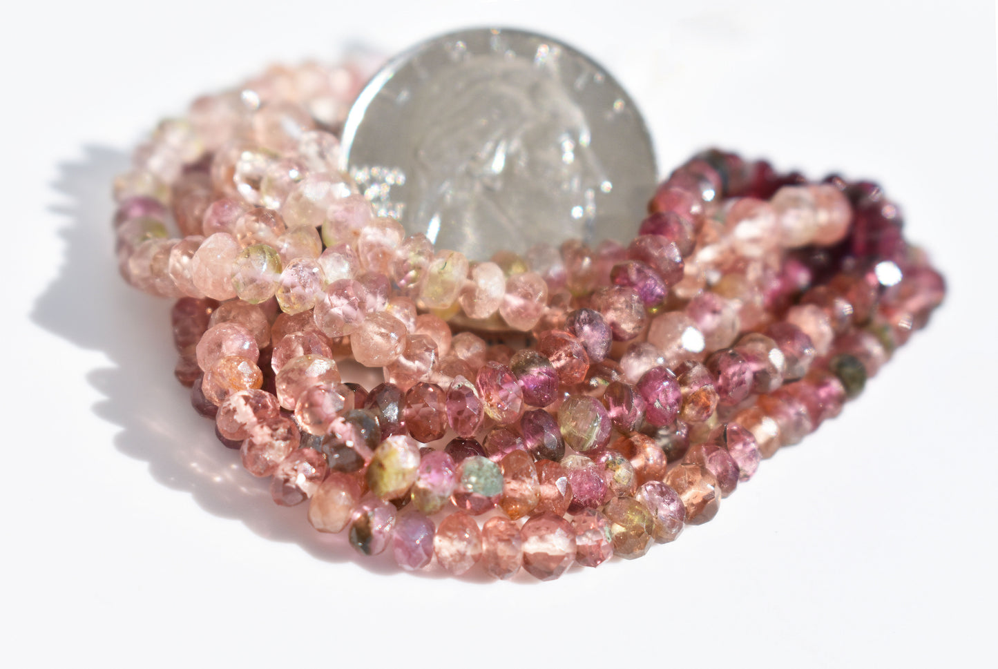 Ombre Tourmaline Pink Rondelle Beads 3.5-4mm x 2-2.5mm - Orange & Grey-Blue Inclusions