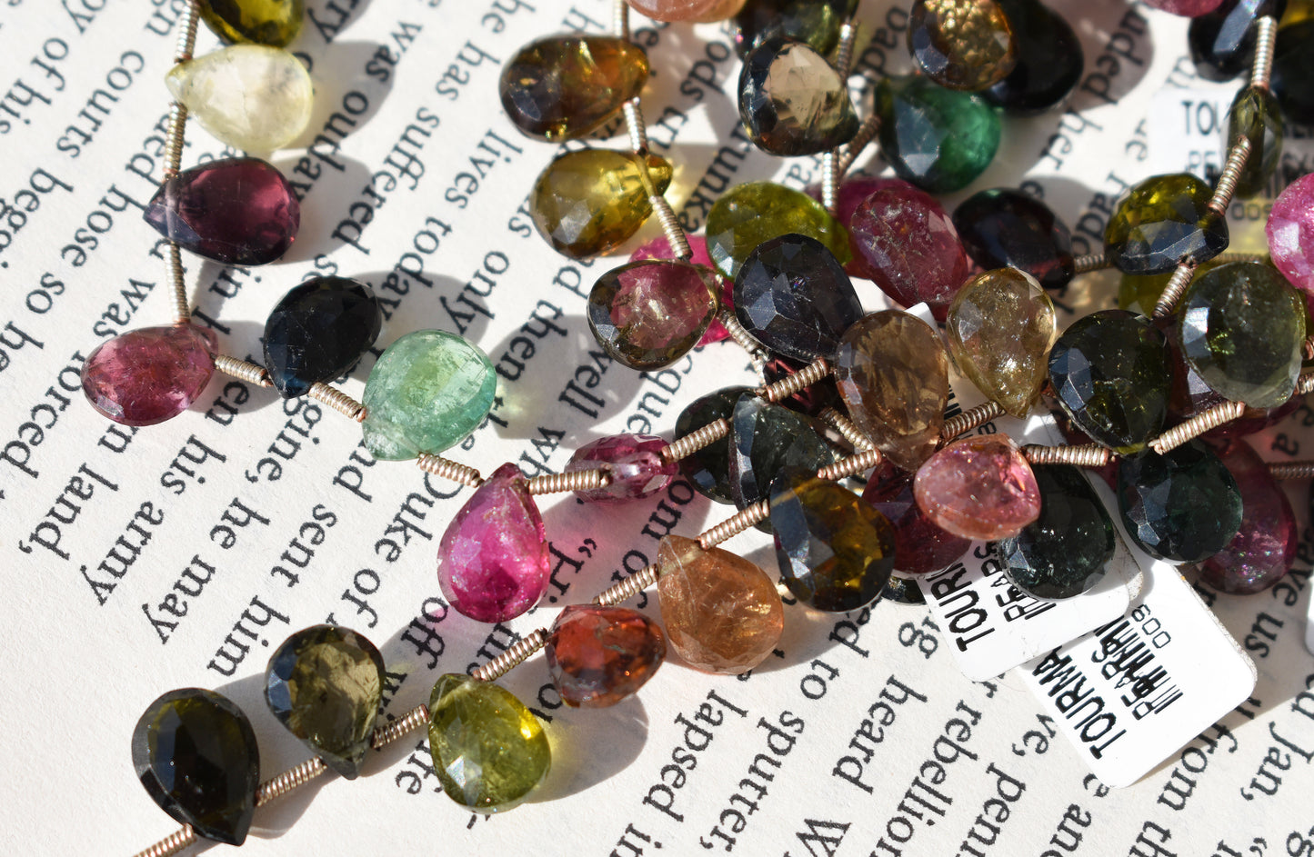 Multi-Color Tourmaline Faceted Pear Beads with French Coil 7-8mm