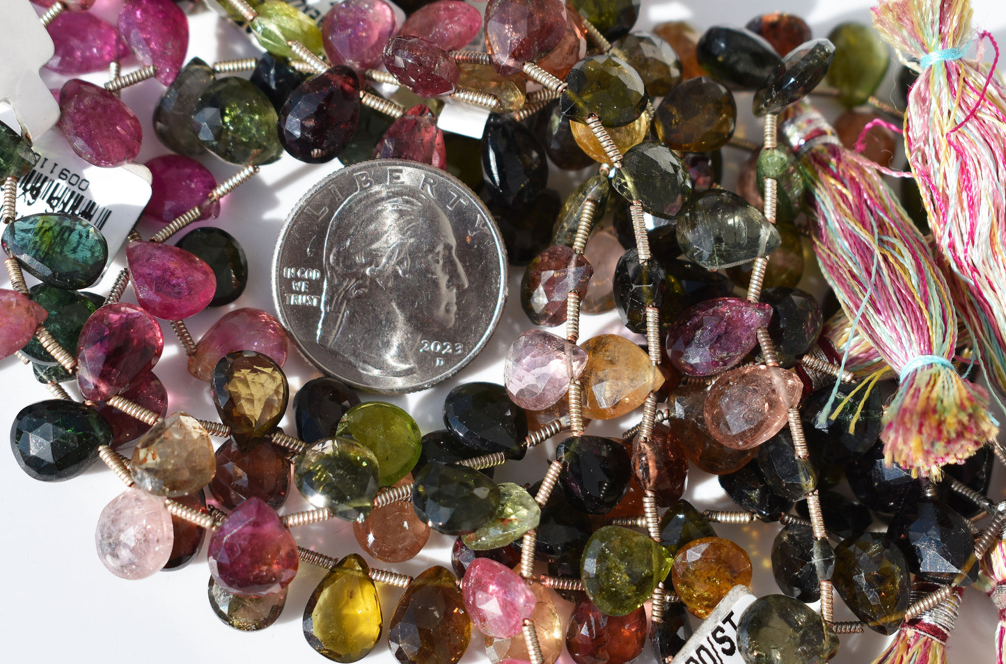 Multi-Color Tourmaline Faceted Pear Beads with French Coil 7-8mm